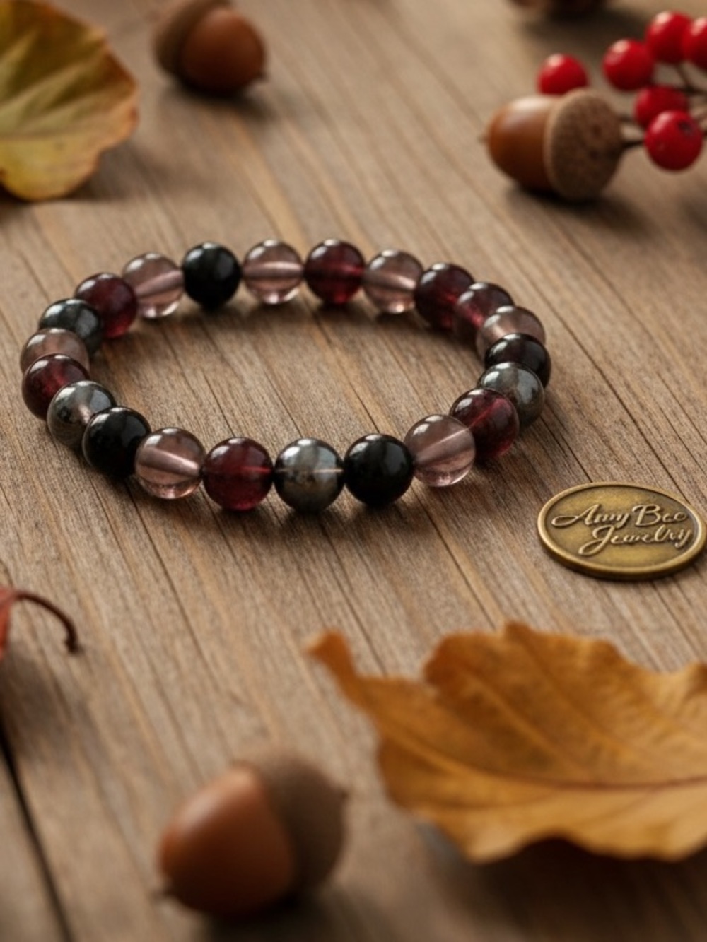 Multicolour Beaded Bracelet - Hematite, Obsidian and Smoky Quartz. New.